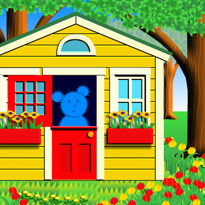 This is BlueBear's house and that's BlueBear at the door.